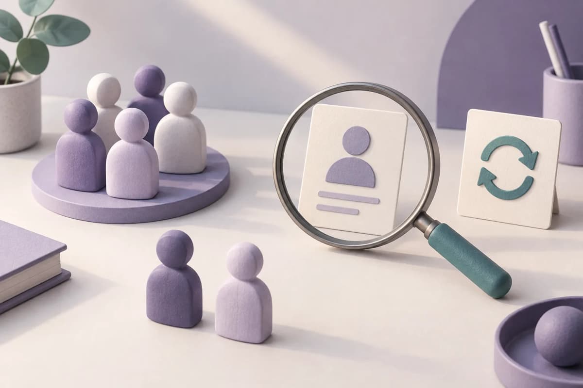 Konzeptillustration mit Publikumssymbolen, einem Profil unter einer Lupe und einem separaten Nachfüllsymbol.