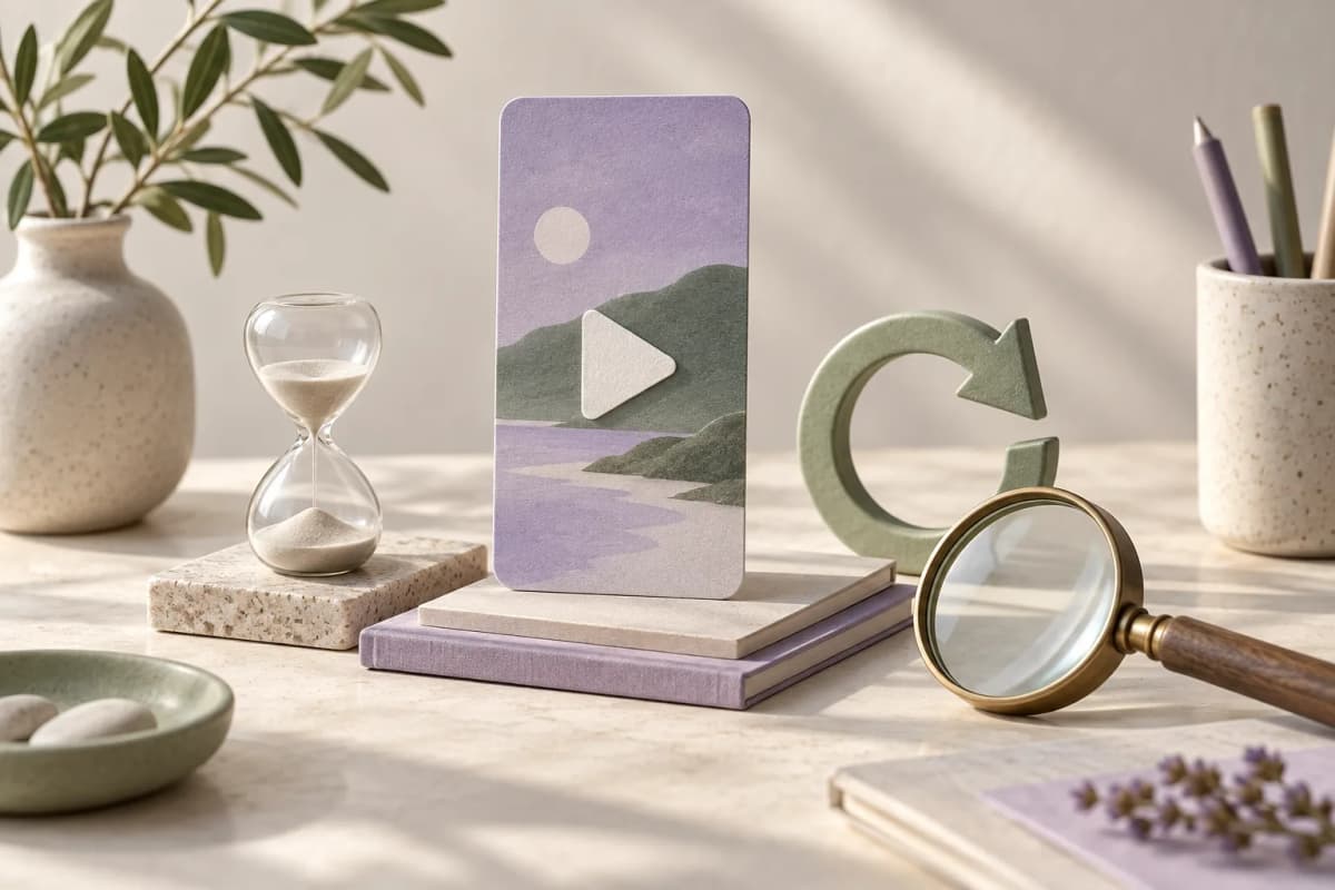 Konzeptillustration mit Videokarte, Sanduhr, Kreispfeil und Lupe.